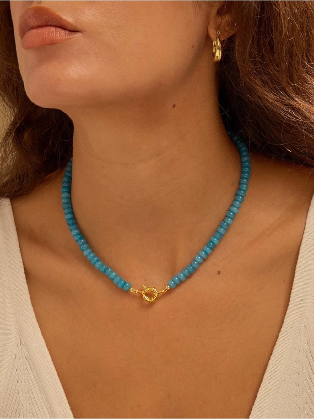 Sky Blue Sapphire Beaded Necklace with Gold Clasp - Picture 5 of 6